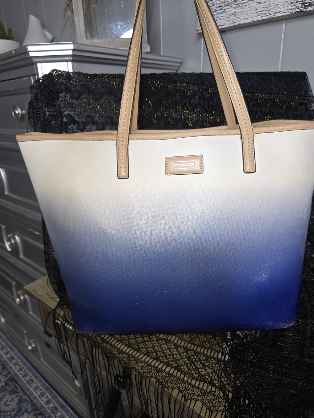 Coach Gradient Tote F30561 Ombre Blue and White Tote Bag with Tan Trim - Picture 16 of 16